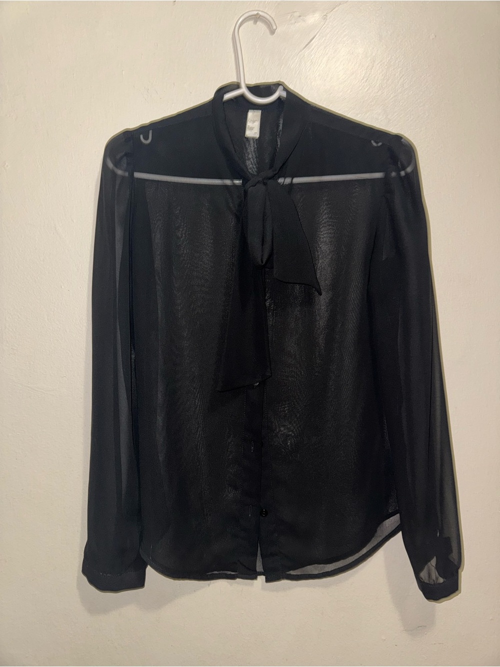 American Apparel Sheer Black Tie-Neck Blouse